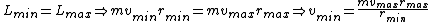 L_{min} = L_{max} \Rightarrow mv_{min}r_{min} = mv_{max}r_{max} \Rightarrow v_{min} = \frac{mv_{max}r_{max}}{r_{min}}